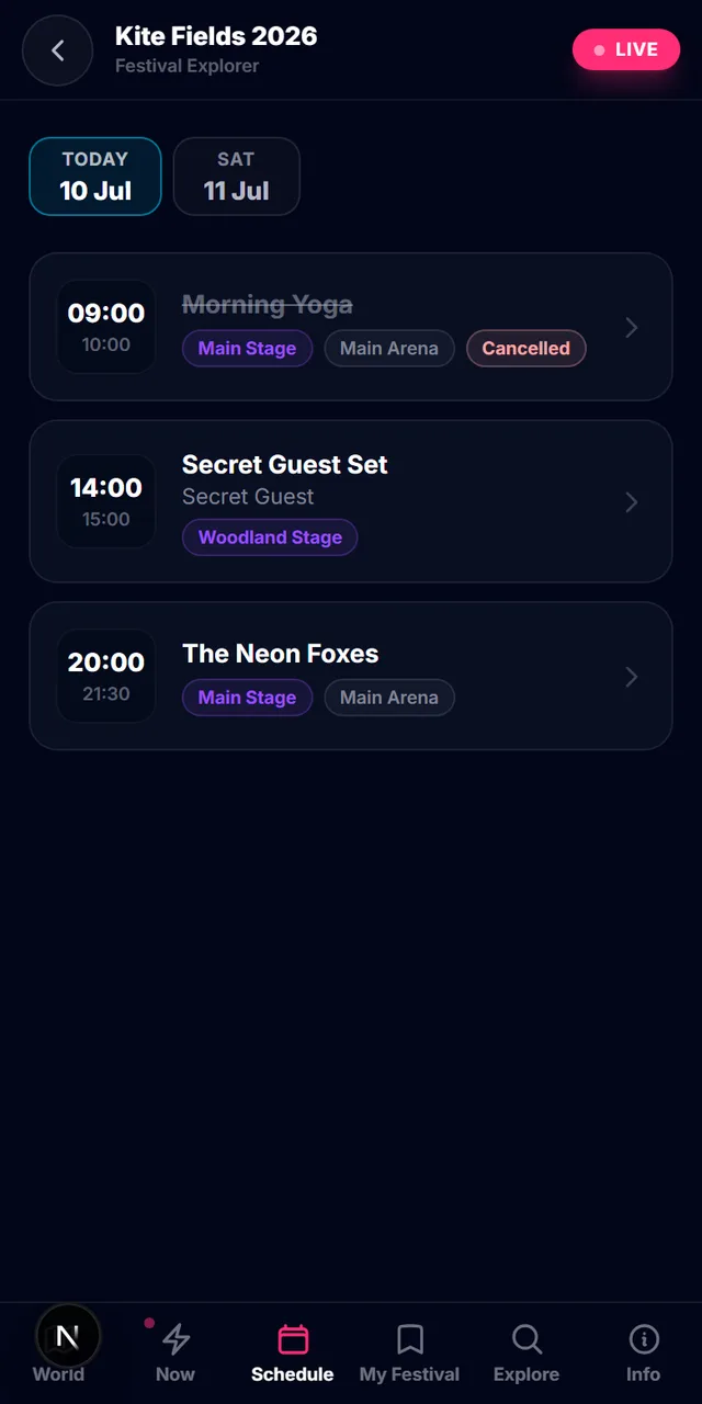 Festival Explorer schedule tab for an example festival, with day chips, stage tags and a cancelled set shown honestly.